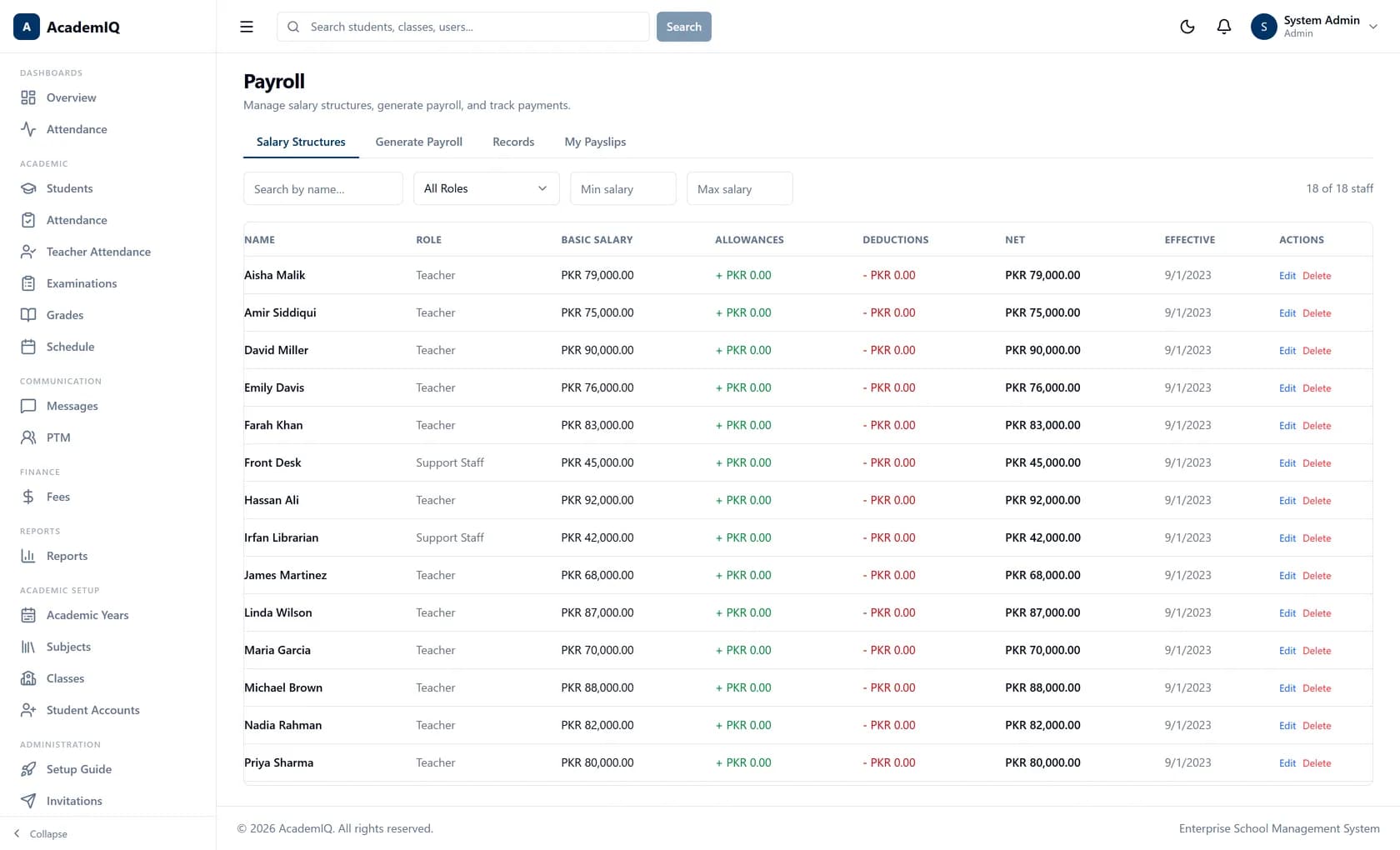 AcademIQ payroll management with salary components and payslip generation