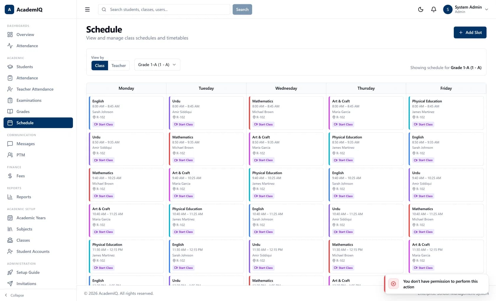AcademIQ weekly class timetable with subject, teacher and room assignments