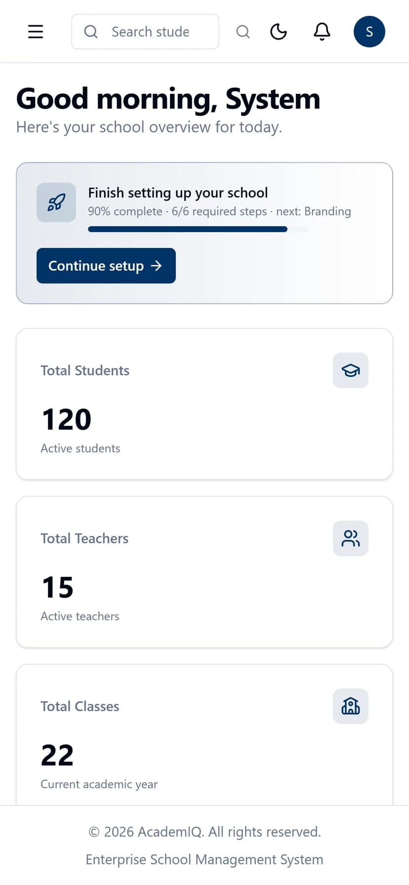 AcademIQ dashboard on a mobile phone browser