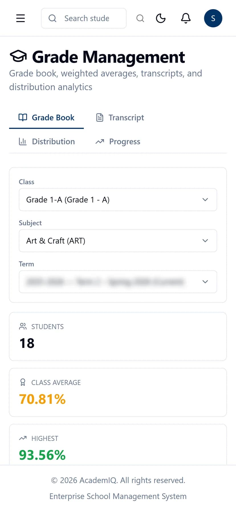 AcademIQ grades view on a mobile phone browser