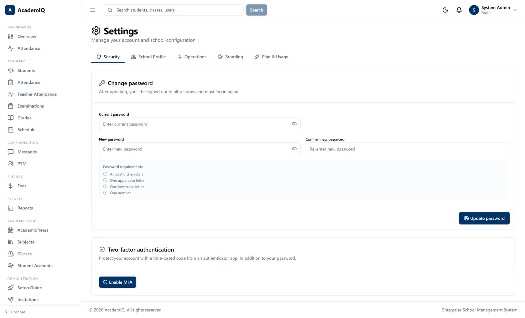 AcademIQ school settings showing per-school profile, branding and configuration options